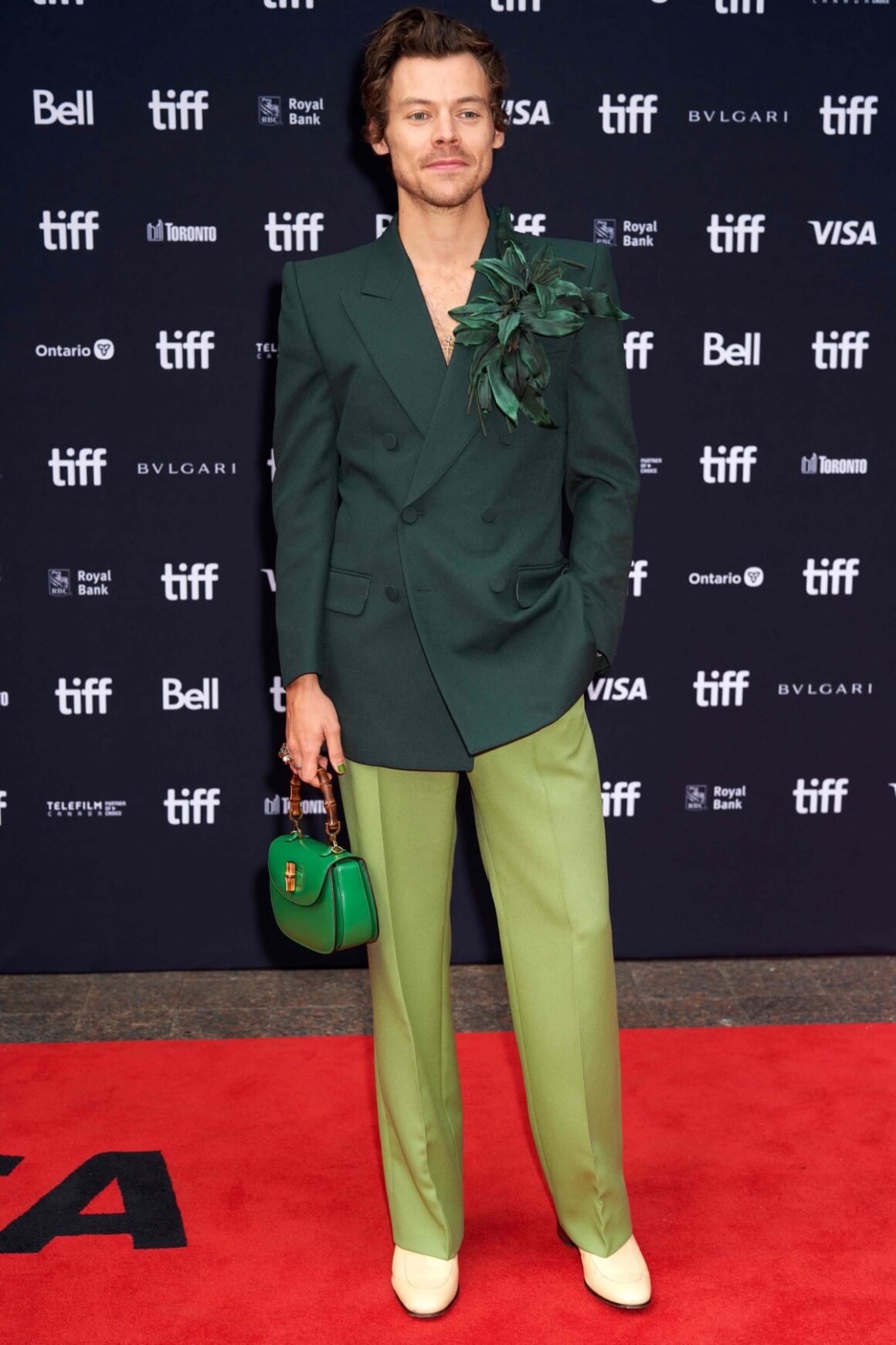 Harry Styles Green Gucci Handbag at Toronto Film Festival