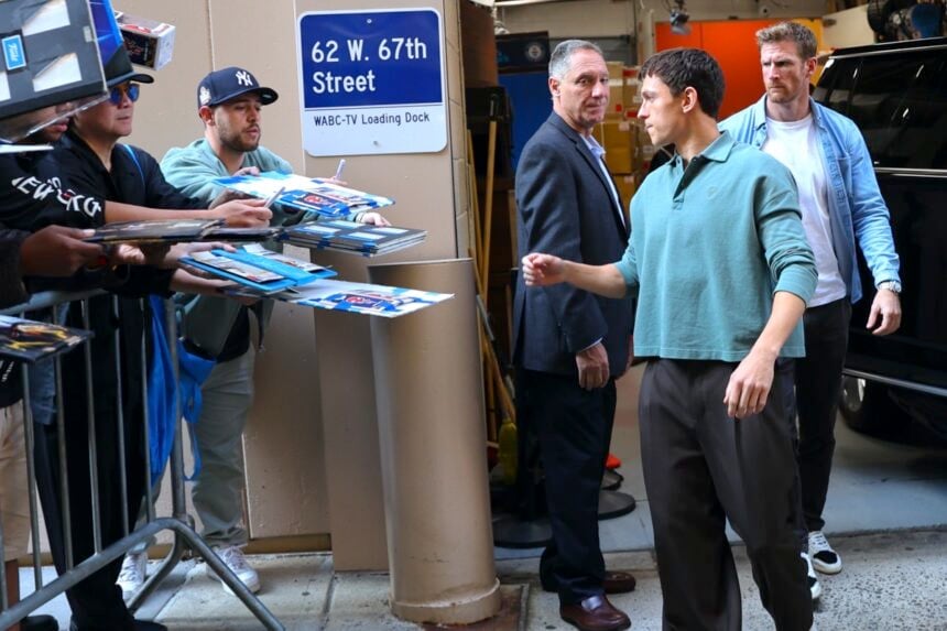 Tom Holland outside the 'Live with Mark and Kelly' studios