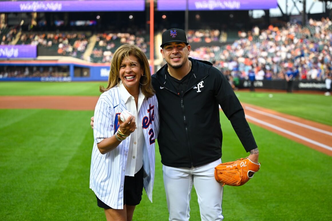 Hoda Kotb throws the first pitch at the New York Mets vs Atlanta Braves game