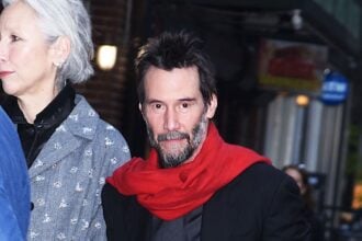 Keanu Reeves and Alexandra Grant outside 'The Late Show With Stephen Colbert'